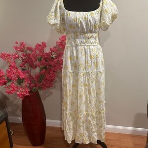 White and Yellow Floral Puff-Sleeve Maxi Dress